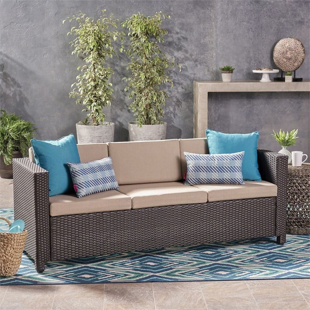 Brown 3 Seater Outdoor Sofa with Beige Cushions N3258