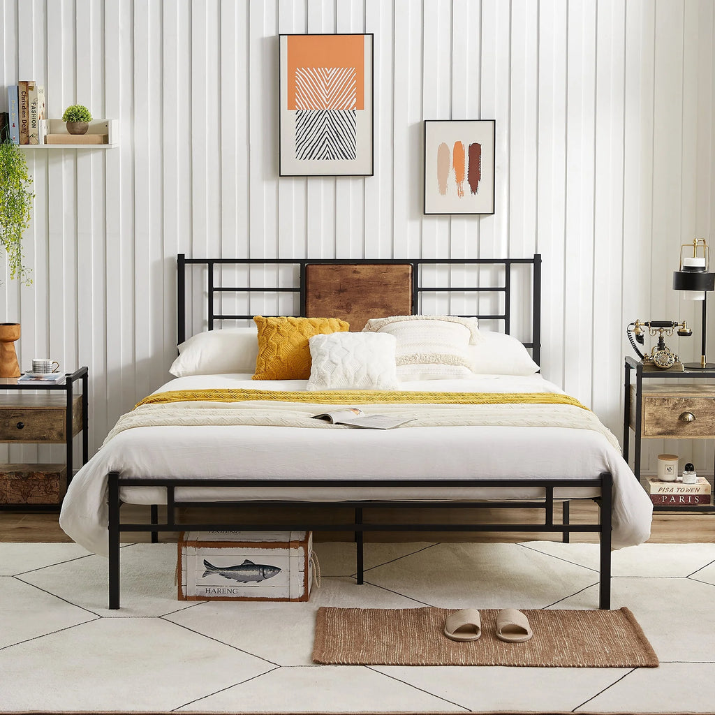 Queen Size Metal Platform Bed Frame with Wood Headboard O66186