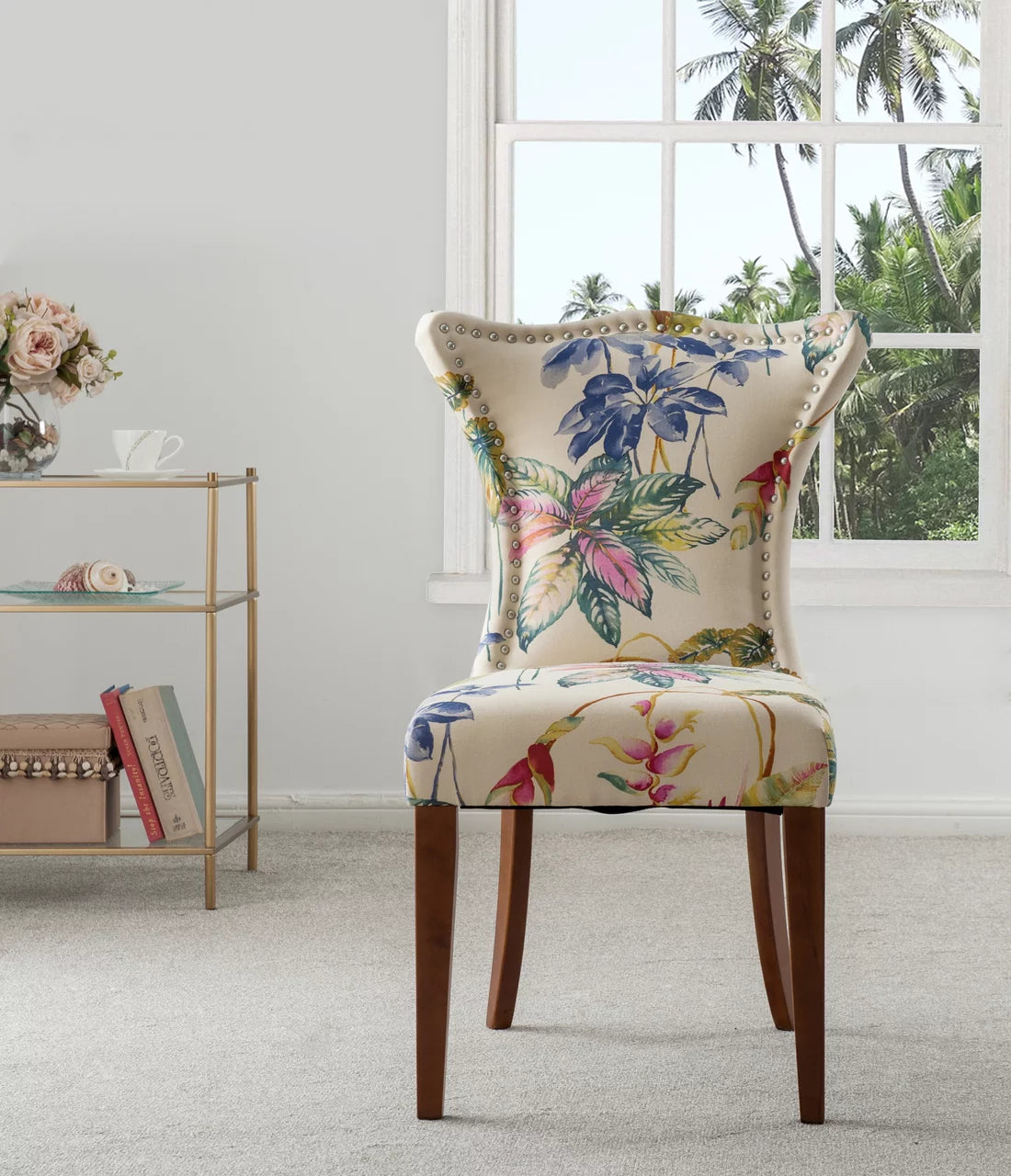 Off White Floral Fabric Accent Chair G4790