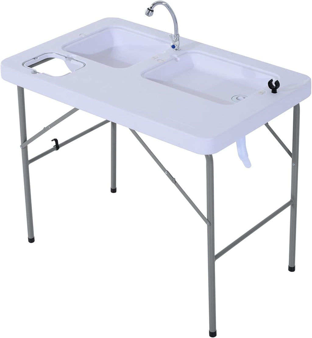Portable Folding Camping Sink Table with Faucet and Dual Water Basins M5317