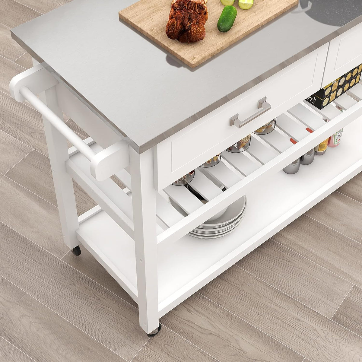 White Stainless Steel Top Kitchen Island on Wheels with 2 Drawers and Storage Shelves H7115
