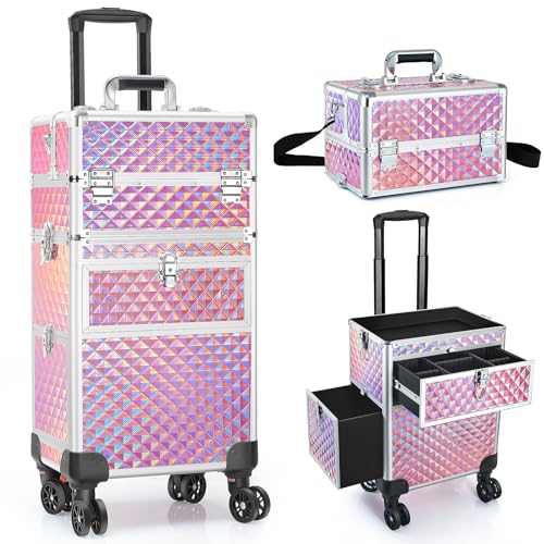 Rolling Makeup Train Case with 360° Swivel Wheels Keys C953