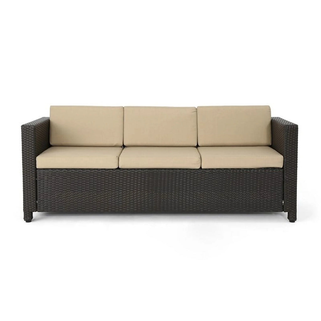 Brown 3 Seater Outdoor Sofa with Beige Cushions N3258