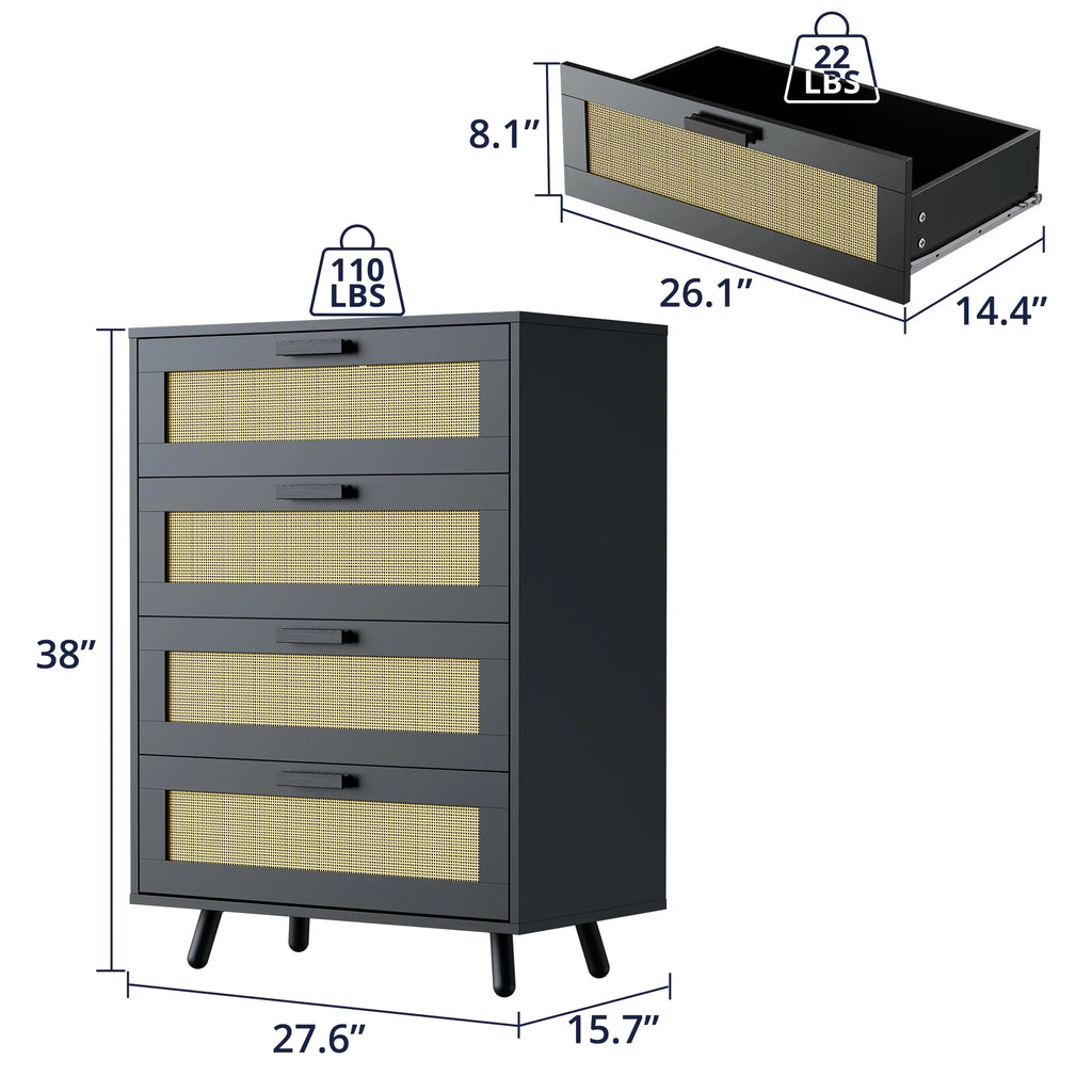 Black 4 Drawer Rattan Dresser I845715