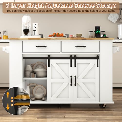 59" Kitchen Island with Power Outlet, Drop Leaf, Spice Rack, Drawers and Adjustable Shelves J2991