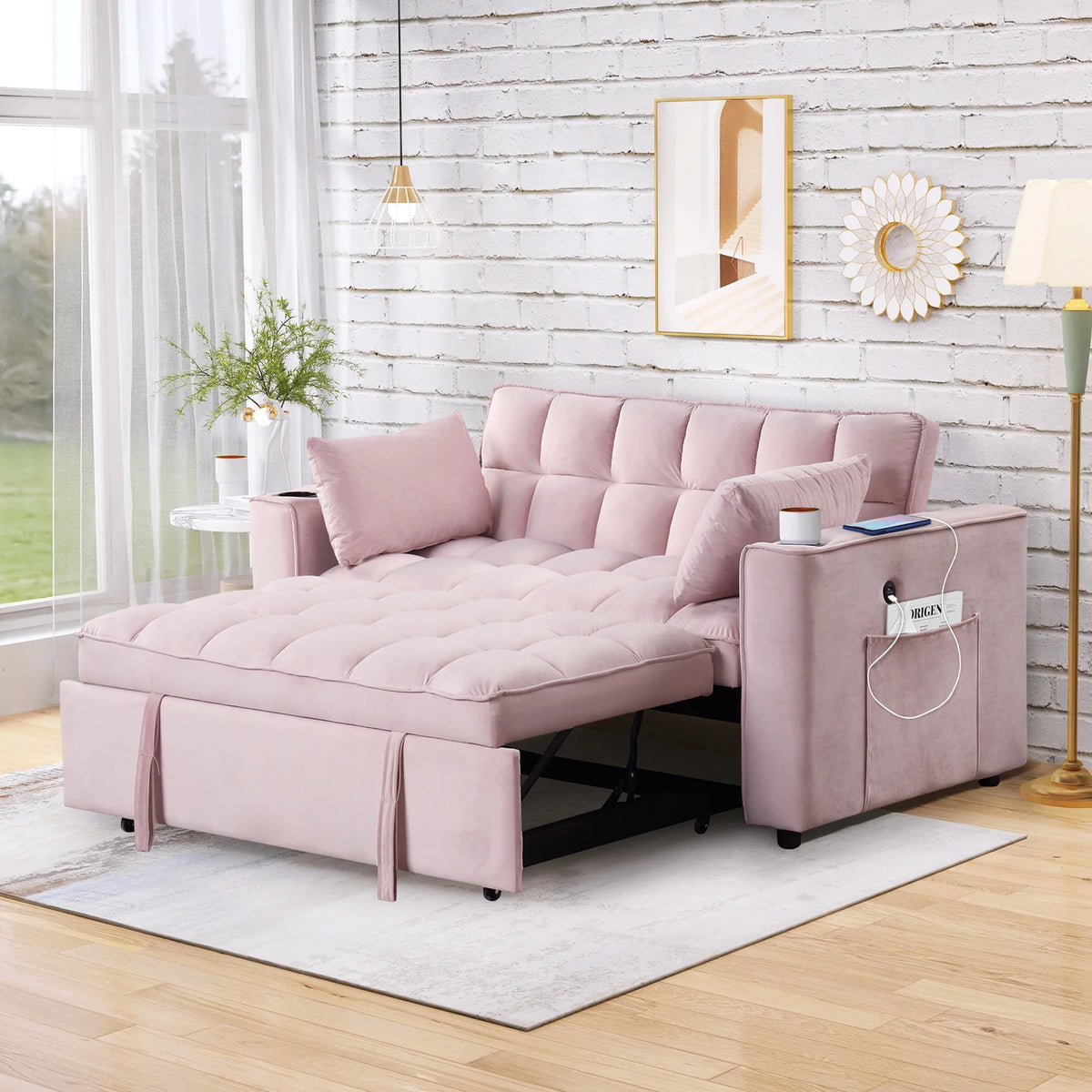 Convertible Sleeper Sofa Bed with Cup Holder and USB Charging Ports X454145