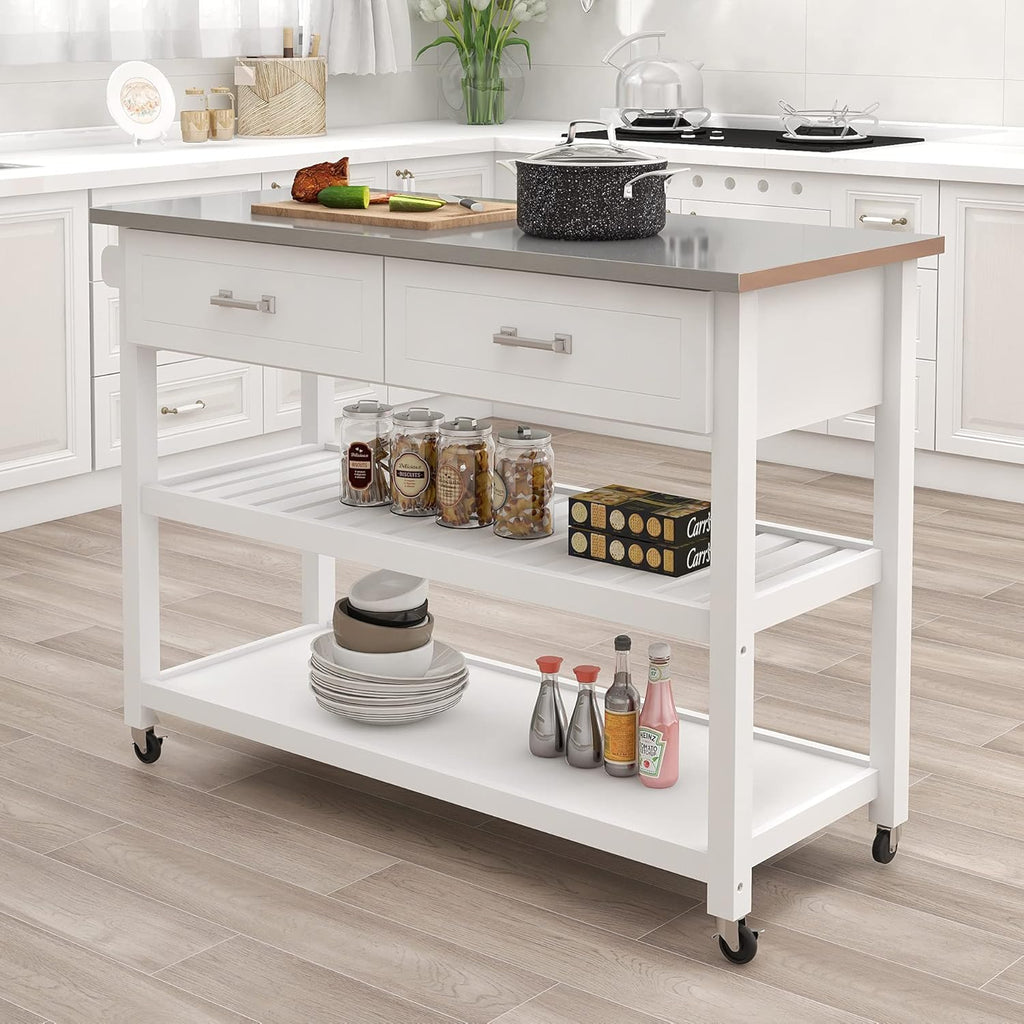 White Stainless Steel Top Kitchen Island on Wheels with 2 Drawers and Storage Shelves H7115