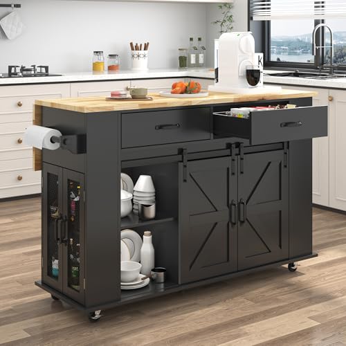 59" Kitchen Island with Power Outlet, Drop Leaf, Spice Rack, Drawers and Adjustable Shelves J2991