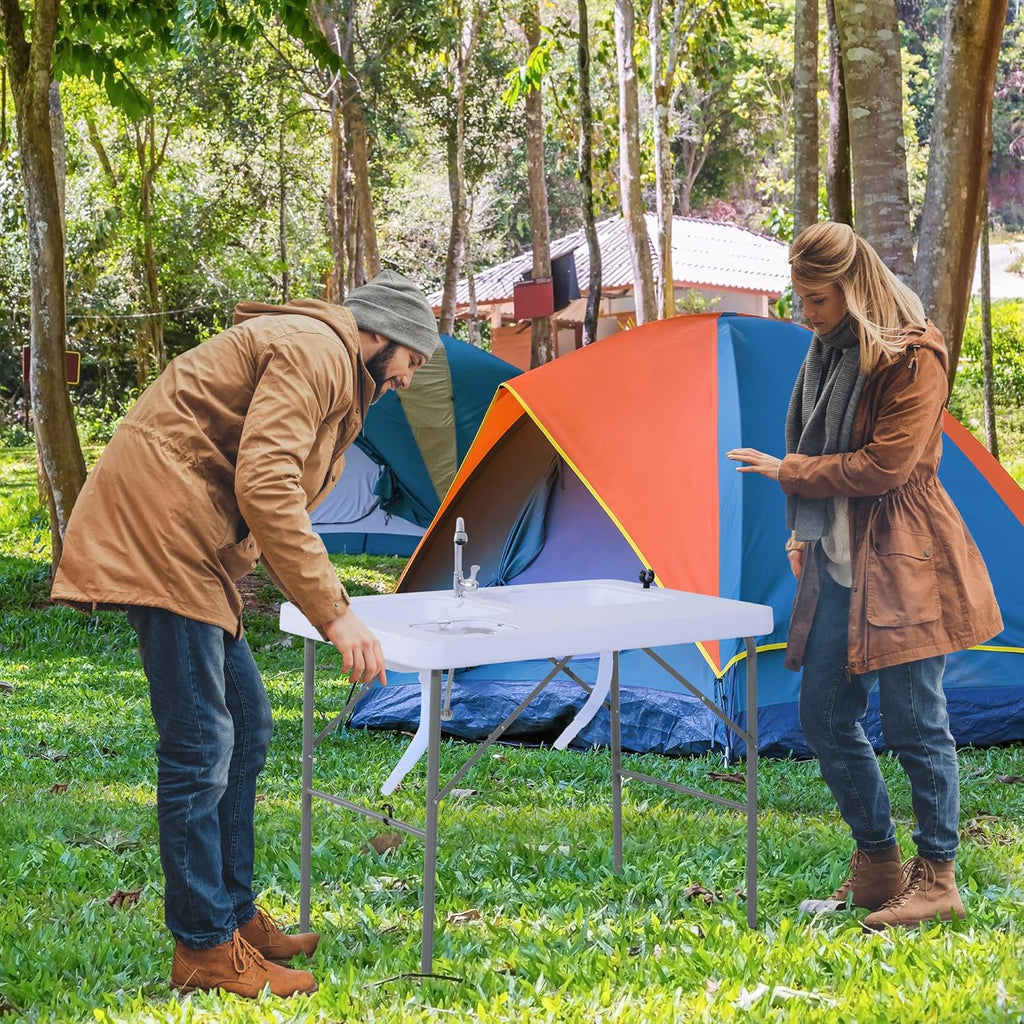 Portable Folding Camping Sink Table with Faucet and Dual Water Basins M5317