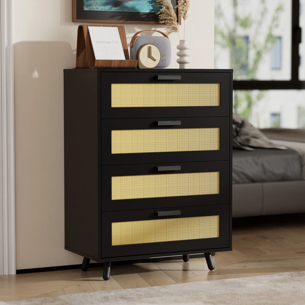 Black 4 Drawer Rattan Dresser I845715