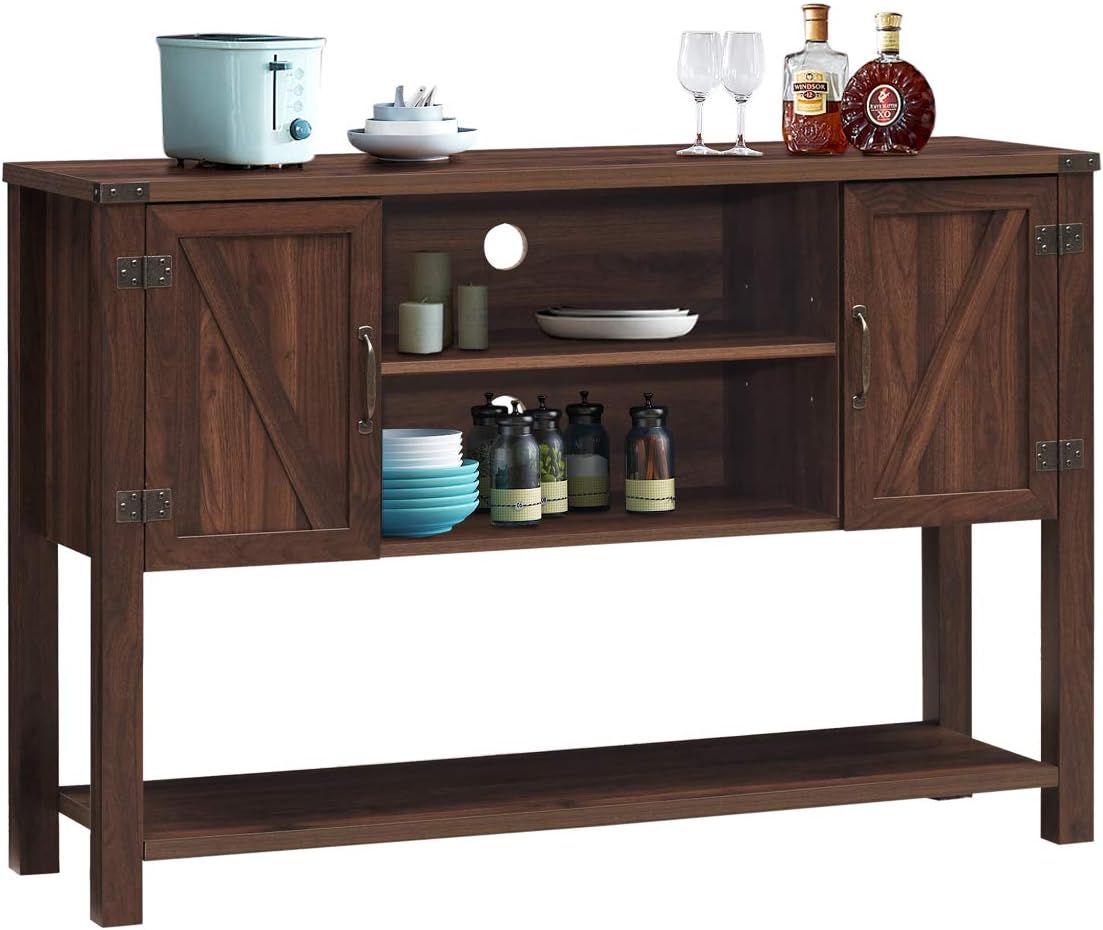 Brown Console Table with Storage Cabinets and Bottom Shelf W31703