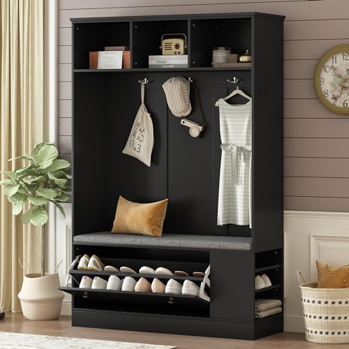 White 39.4 Inch Hall Tree with Storage Bench and 6 Hooks Y6813