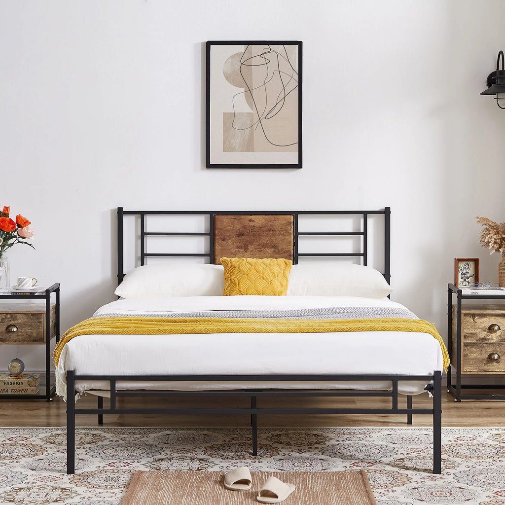 Queen Size Metal Platform Bed Frame with Wood Headboard O66186
