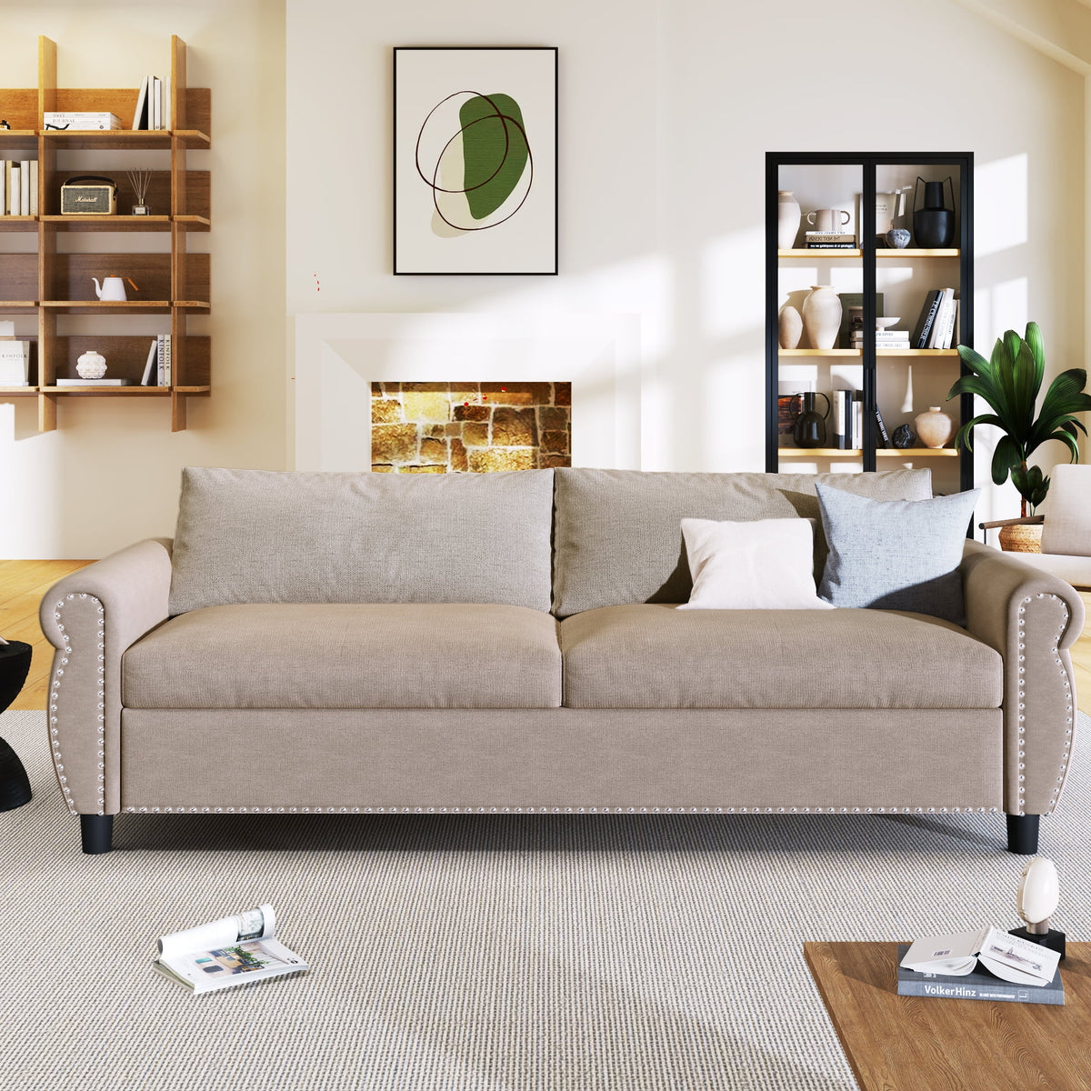 80.7 Pull Out Sofa Bed 2-in-1 Convertible Sleeper Couch with 3 Memory Foam Mattress Beige Full Size L711