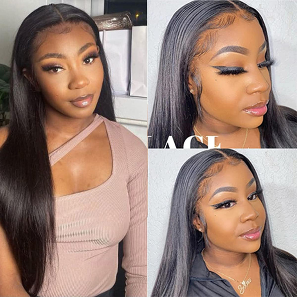 13x4x1 T Part Straight Transparent Lace Frontal Wig Human Hair 180% Density Pre Plucked with Baby Hair Natural Color 26inch O277