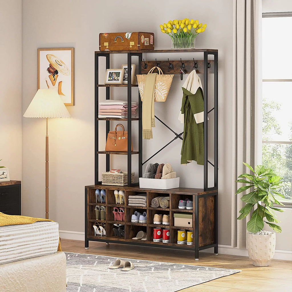 Industrial Hall Tree with Bench and Shoe Storage and Coat Rack L410