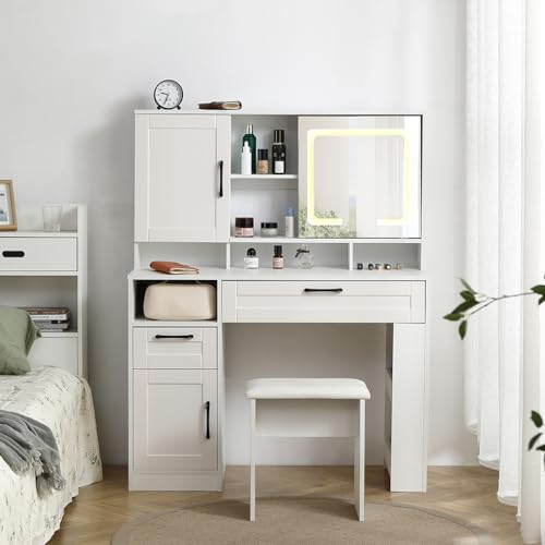 White Vanity Desk With Mirror And Cushioned Stool O14558
