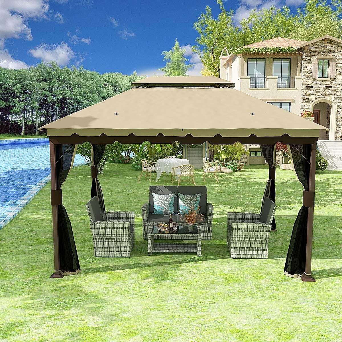 10x13 ft Khaki Steel Gazebo with Mosquito Netting A5665
