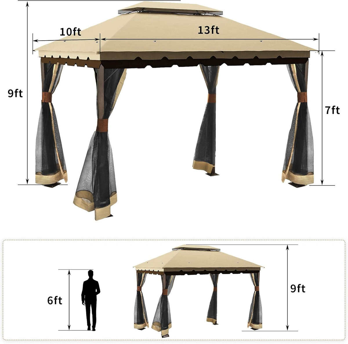10x13 ft Khaki Steel Gazebo with Mosquito Netting A5665