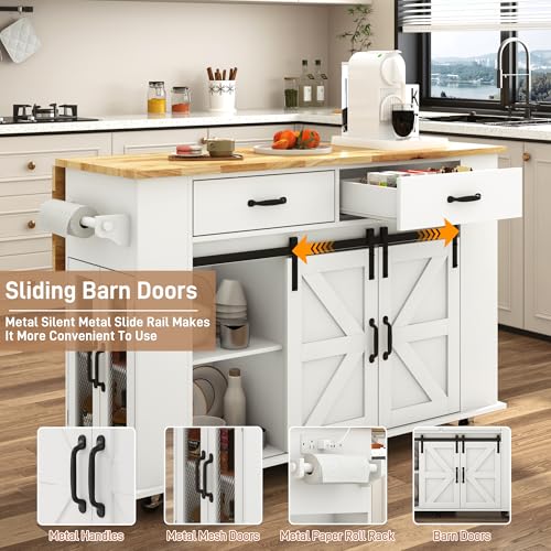 59" Kitchen Island with Power Outlet, Drop Leaf, Spice Rack, Drawers and Adjustable Shelves J2991