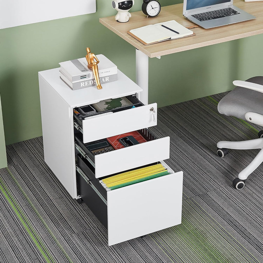 White 3 Drawer Steel Mobile File Cabinet with Lock V465