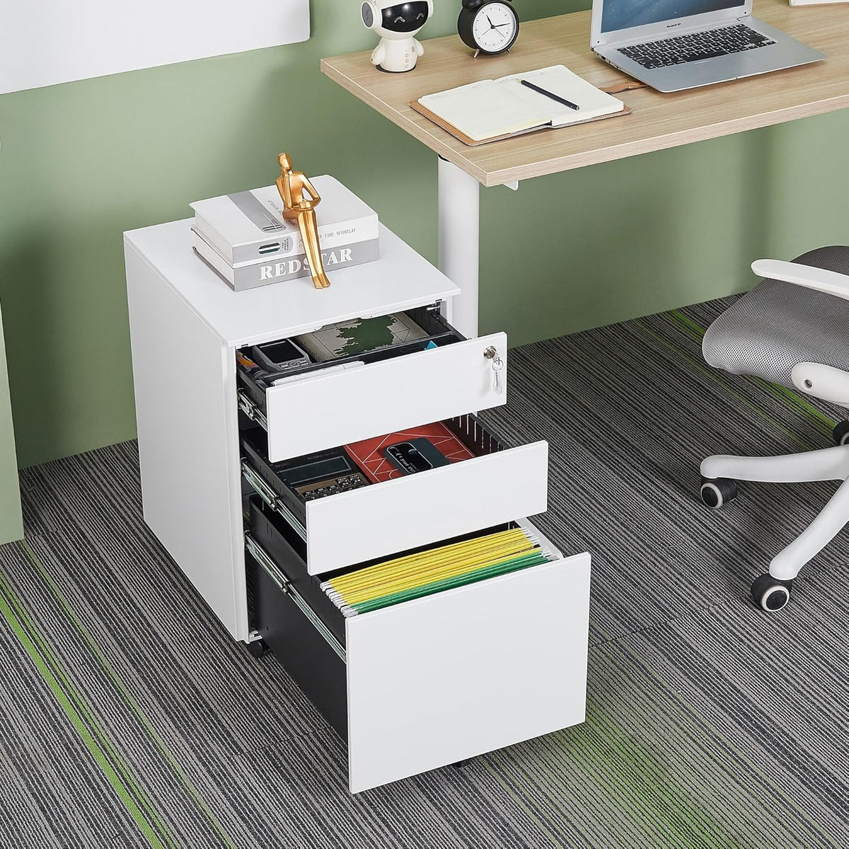 White 3 Drawer Steel Mobile File Cabinet with Lock V465