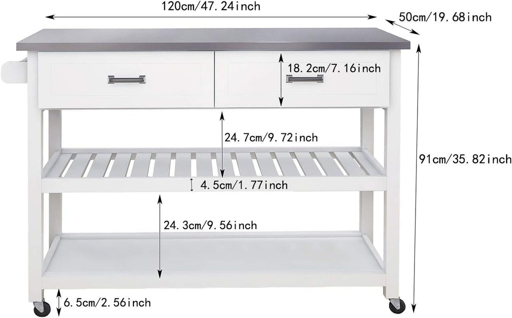 White Stainless Steel Top Kitchen Island on Wheels with 2 Drawers and Storage Shelves H7115