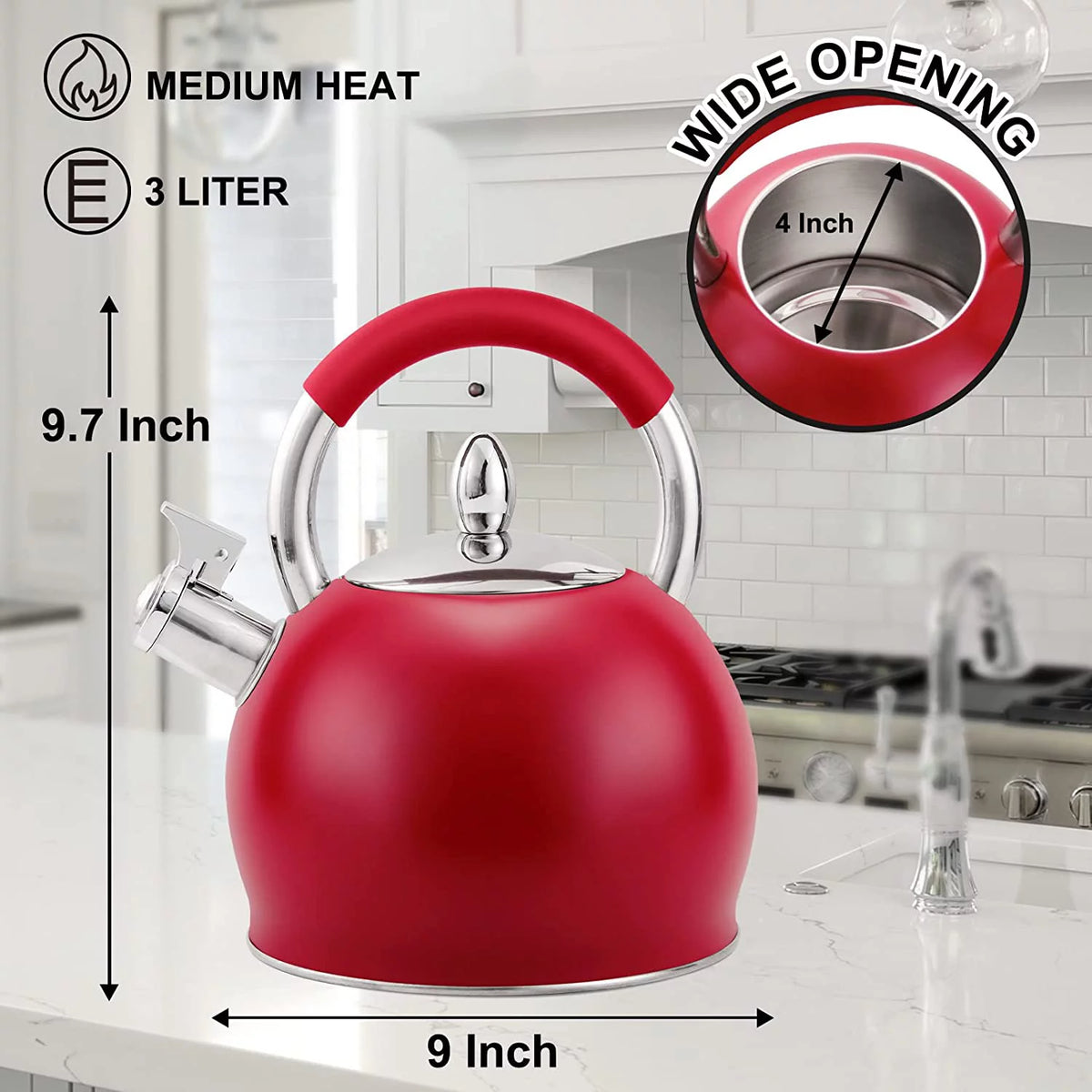 Red Stainless Steel Tea Kettle with Silicone Handle 3.2 Quart U609865