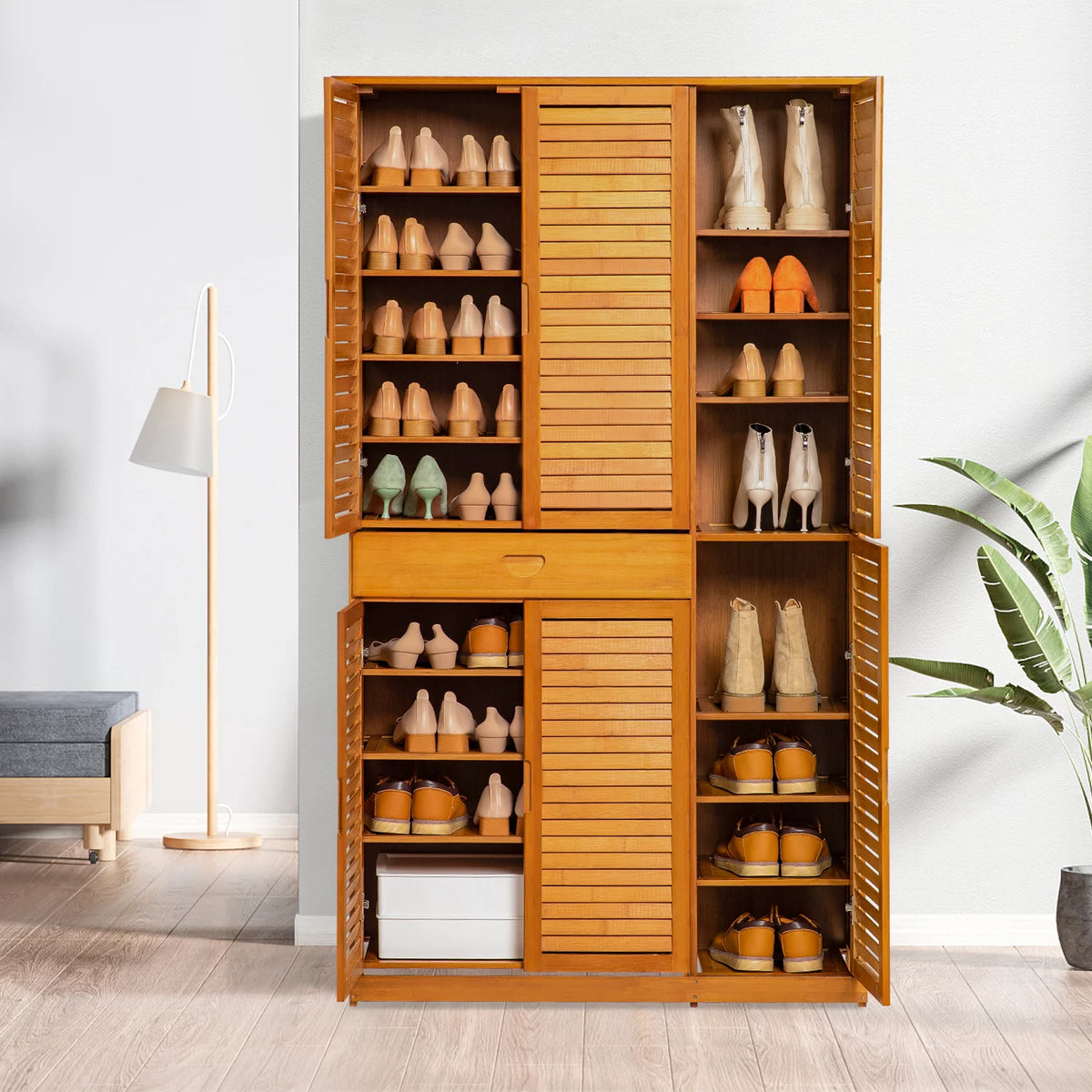 Bamboo 10 Tiers 1 Drawer Shutter Doors Shoes Cabinet G27846