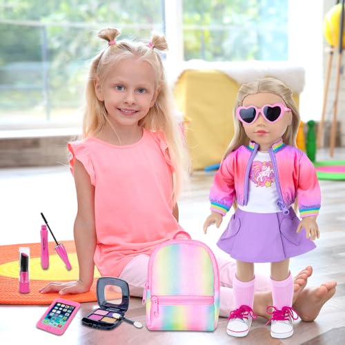 18 Inch Doll Clothes and Makeup Accessories Set with Rainbow Backpack J845