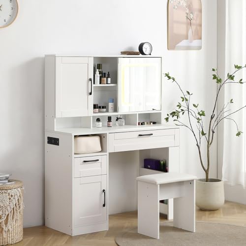 White Vanity Desk With Mirror And Cushioned Stool O14558