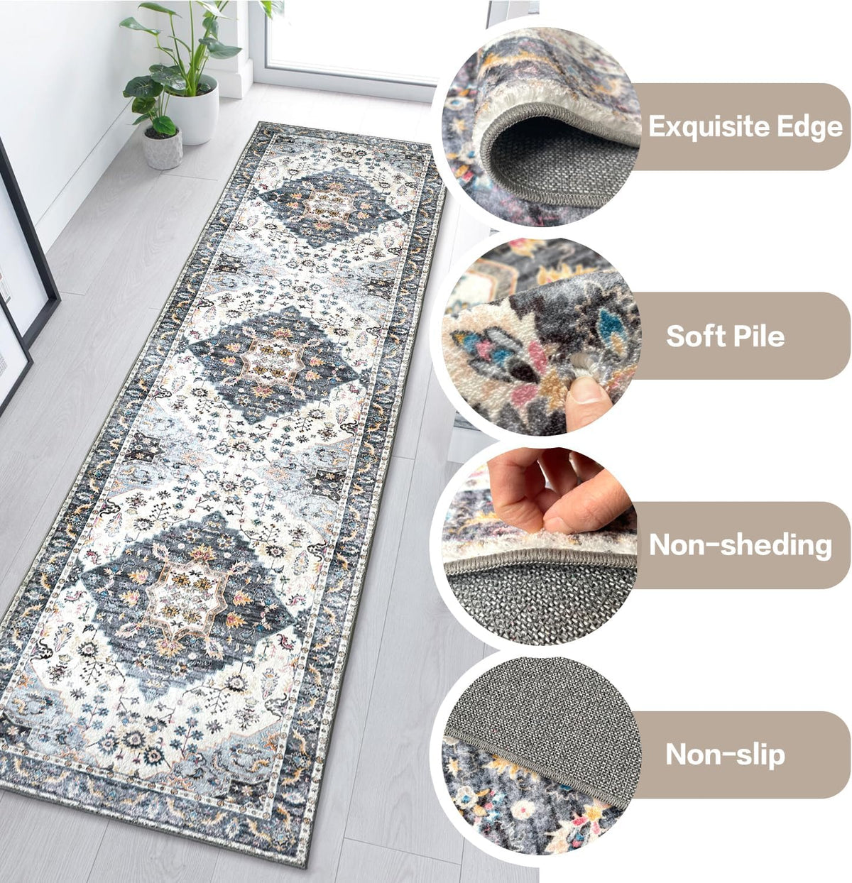 Washable Runner Rug with Rubber Backing X968