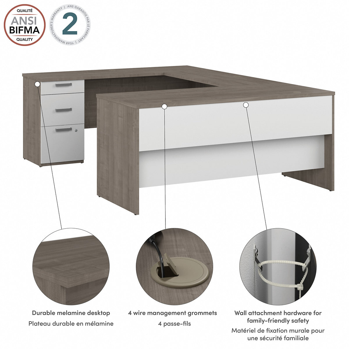 Silver Maple/Pure White U-Shaped Computer Desk T64690