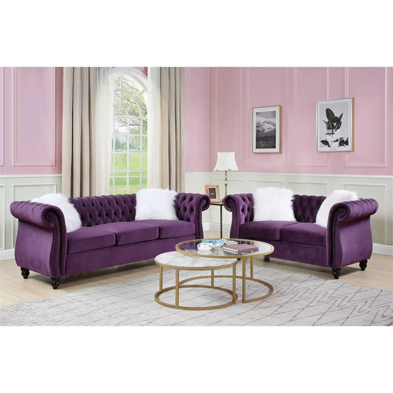 Purple Velvet Loveseat with 2 Pillows F990275