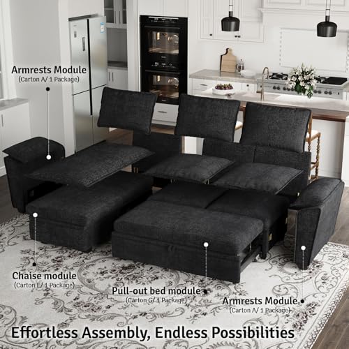 Oversized Modular Sectional Sleeper Sofa with Pull Out Bed and Storage Ottomans Chenille Black H9854