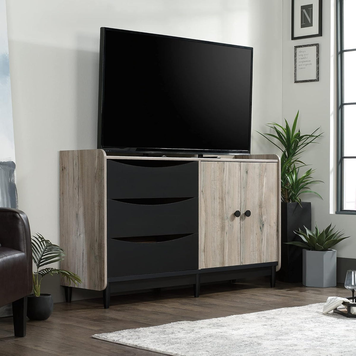 TV & Media Credenza with Drawers, Split Oak Finish Y8507