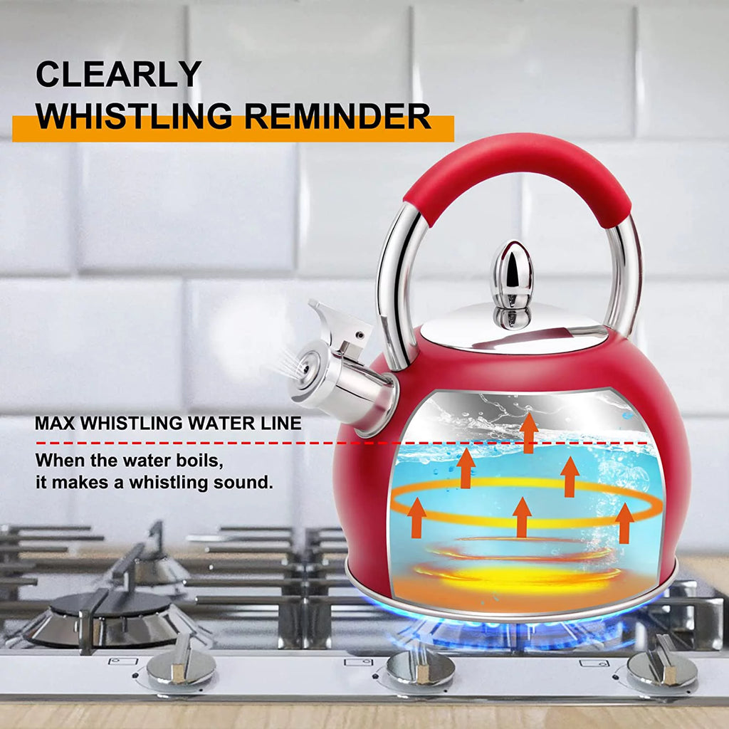 Red Stainless Steel Tea Kettle with Silicone Handle 3.2 Quart U609865