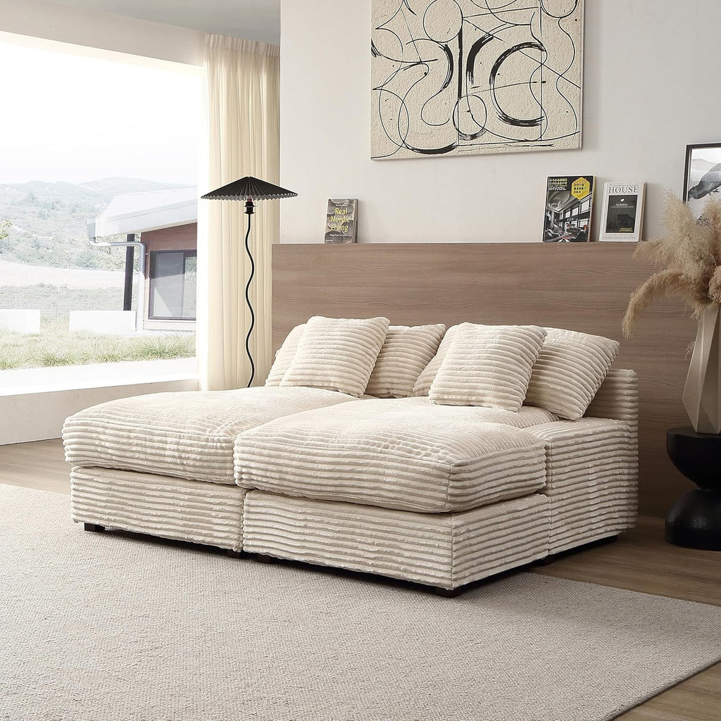 Oversized Corduroy Upholstered Chaise Lounge Sofa with Throw Pillow R179