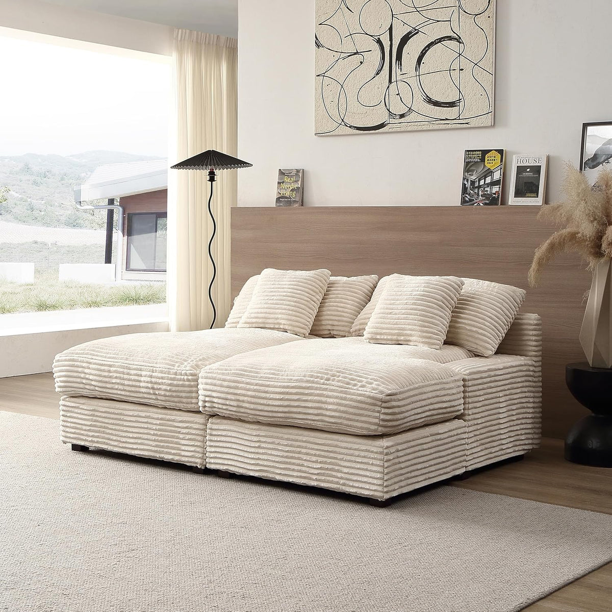 Oversized Corduroy Upholstered Chaise Lounge Sofa with Throw Pillow R179