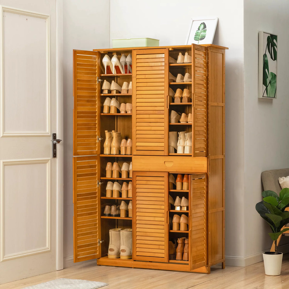 Bamboo 10 Tiers 1 Drawer Shutter Doors Shoes Cabinet G27846