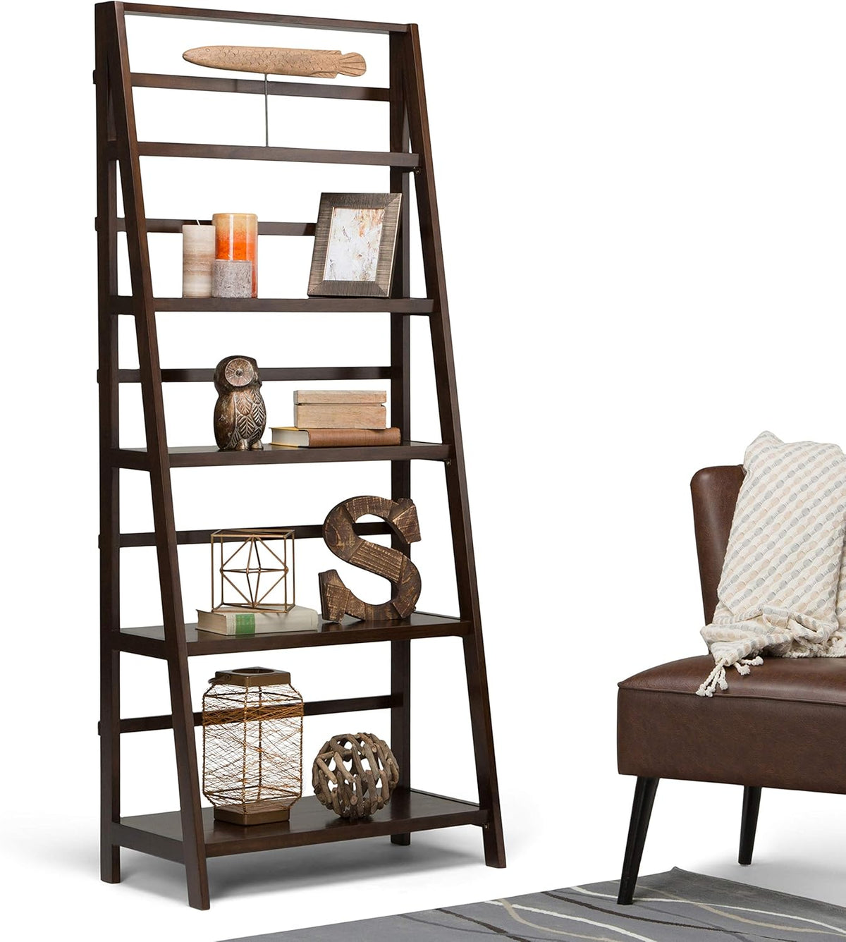 White 5 Shelves Solid Wood Bookcase N30058