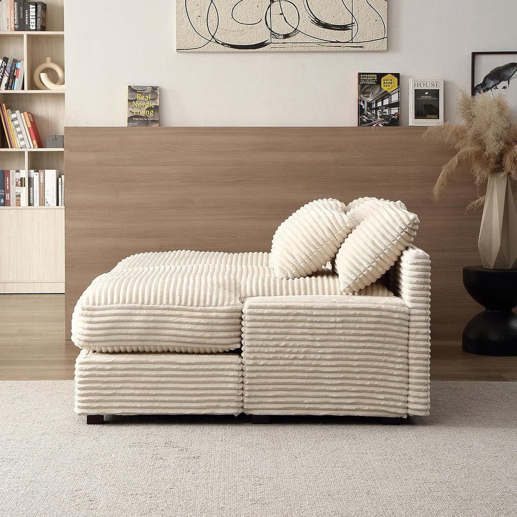 Oversized Corduroy Upholstered Chaise Lounge Sofa with Throw Pillow R179