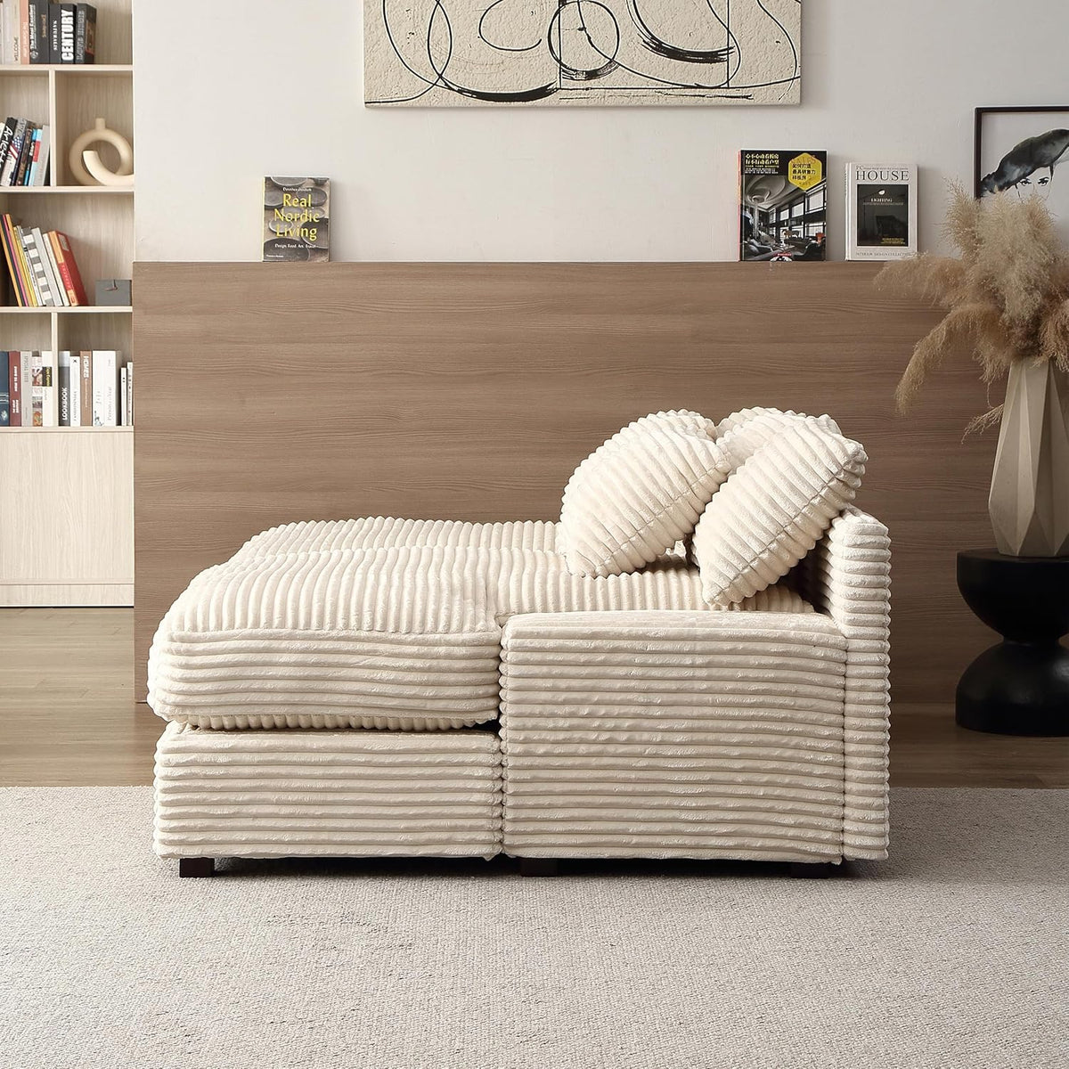 Oversized Corduroy Upholstered Chaise Lounge Sofa with Throw Pillow R179