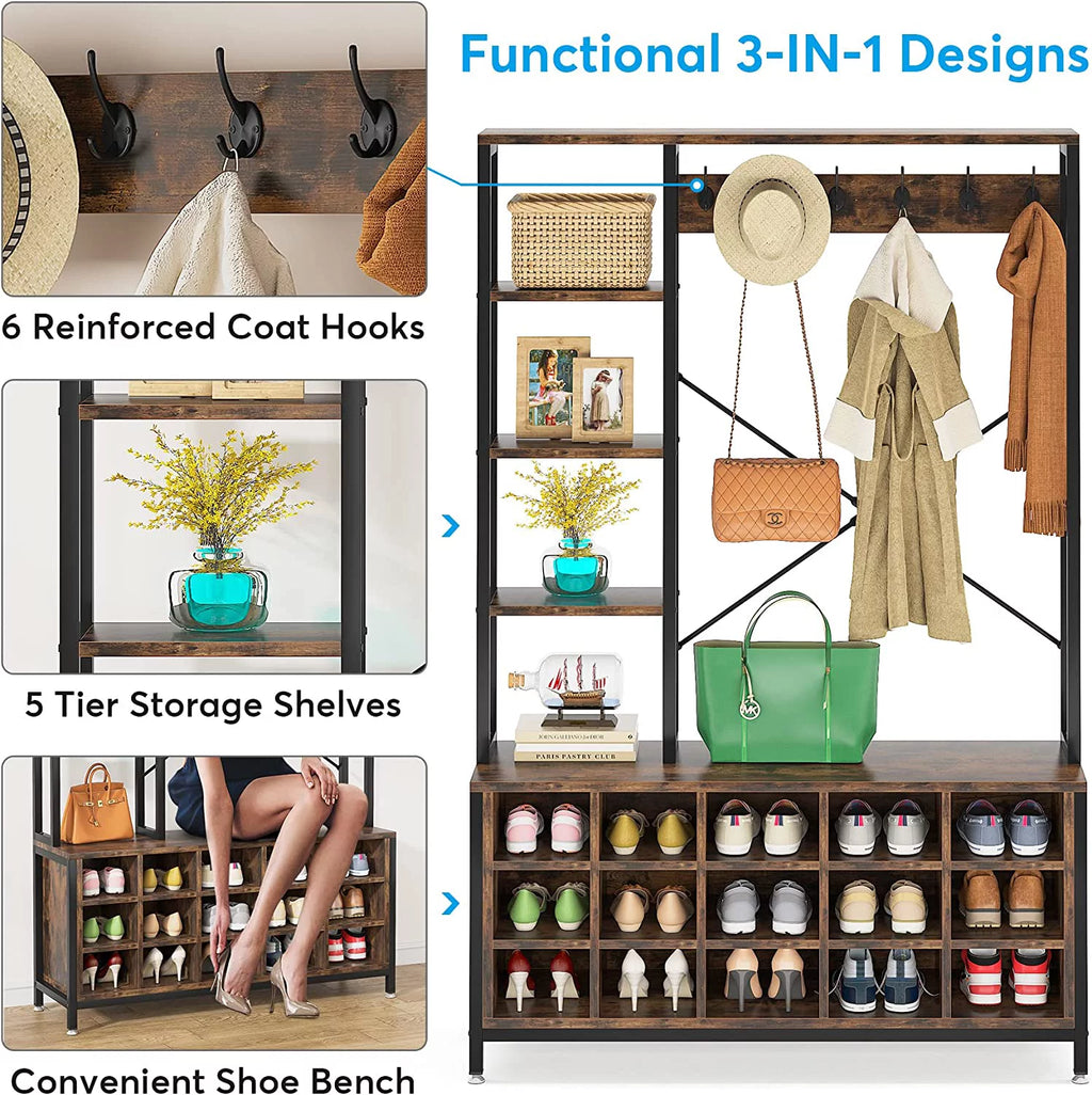 Industrial Hall Tree with Bench and Shoe Storage and Coat Rack L410