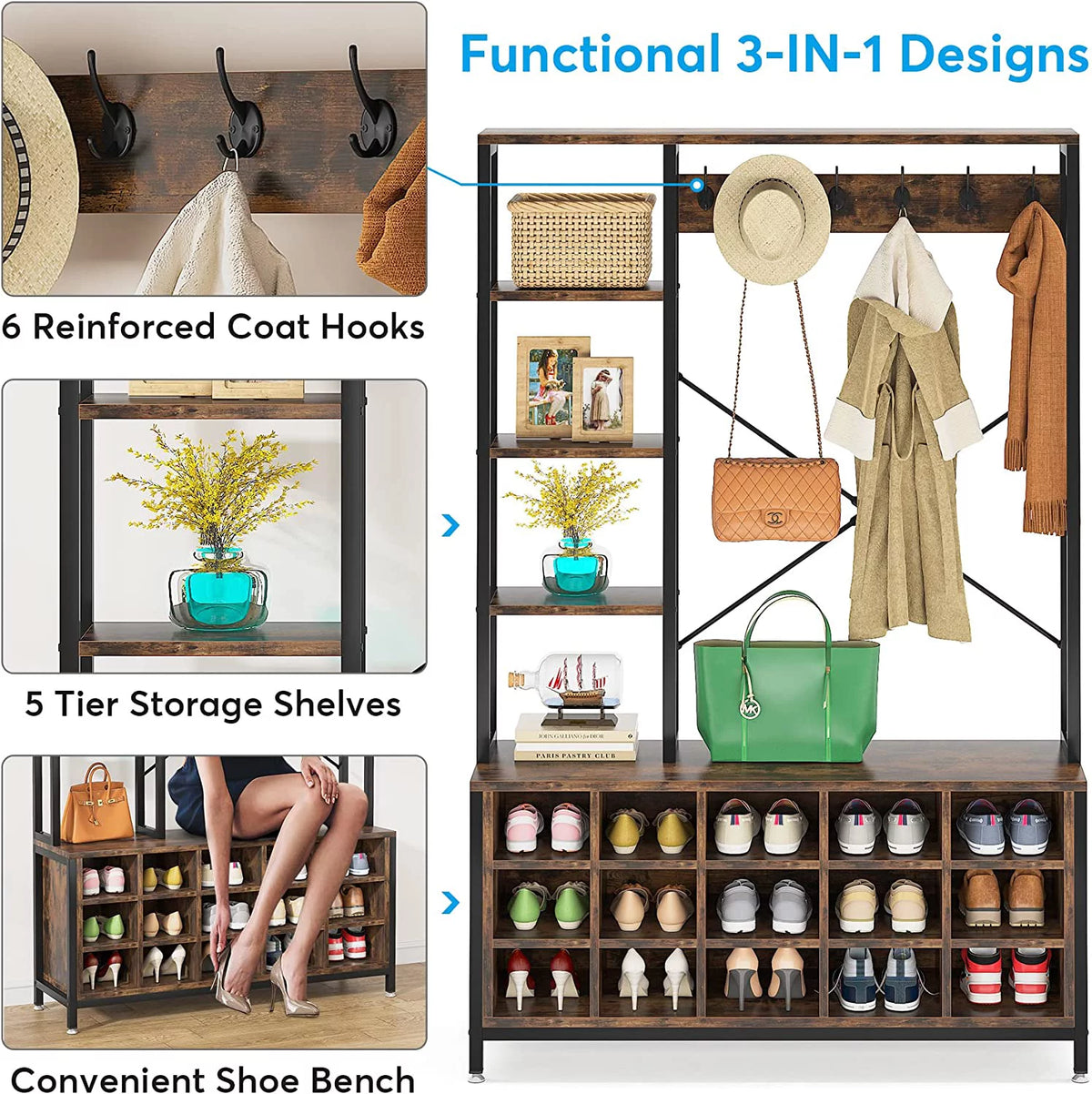Industrial Hall Tree with Bench and Shoe Storage and Coat Rack L410
