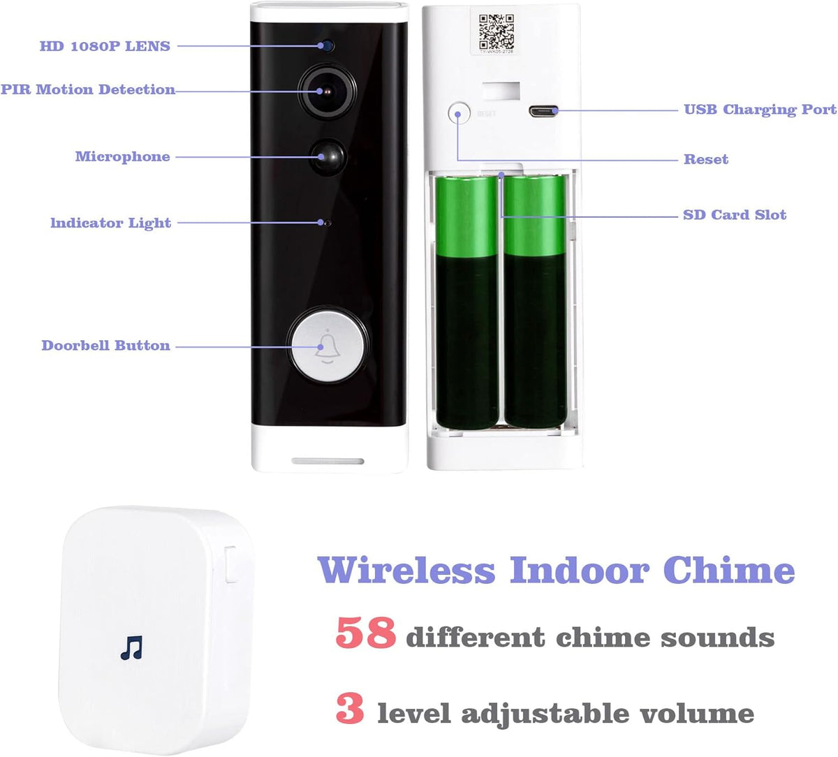 Wireless HD Video Camera Doorbell with Chime, 2-Way Audio, Rechargeable Battery, Night Vision, IP65 Waterproof Z556722