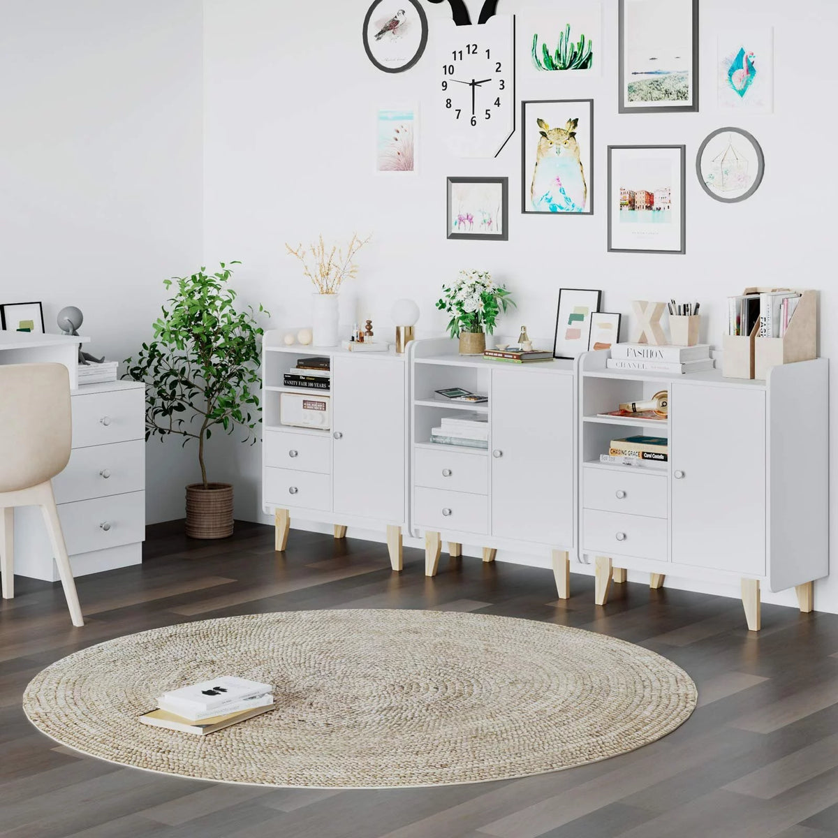 White Wooden Floor Storage Cabinet with Door and Drawers O409