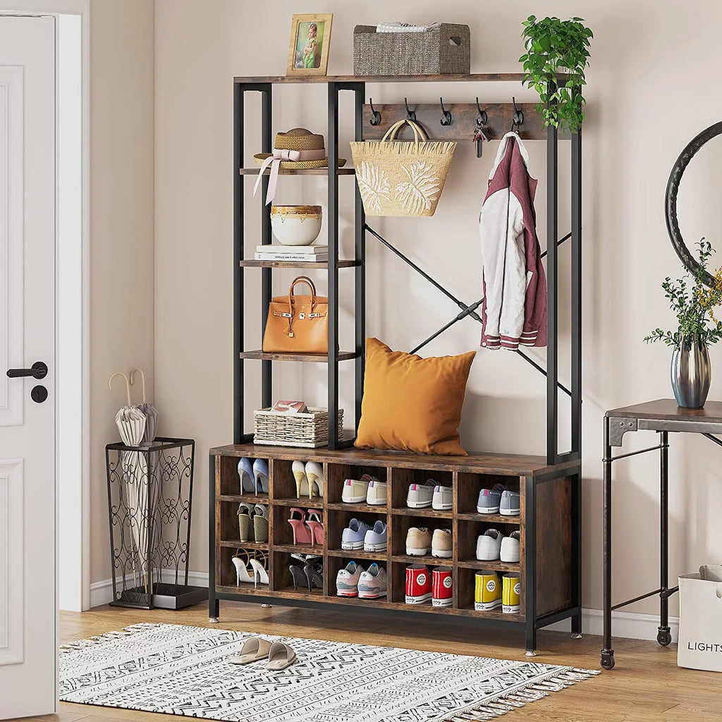 Industrial Hall Tree with Bench and Shoe Storage and Coat Rack L410