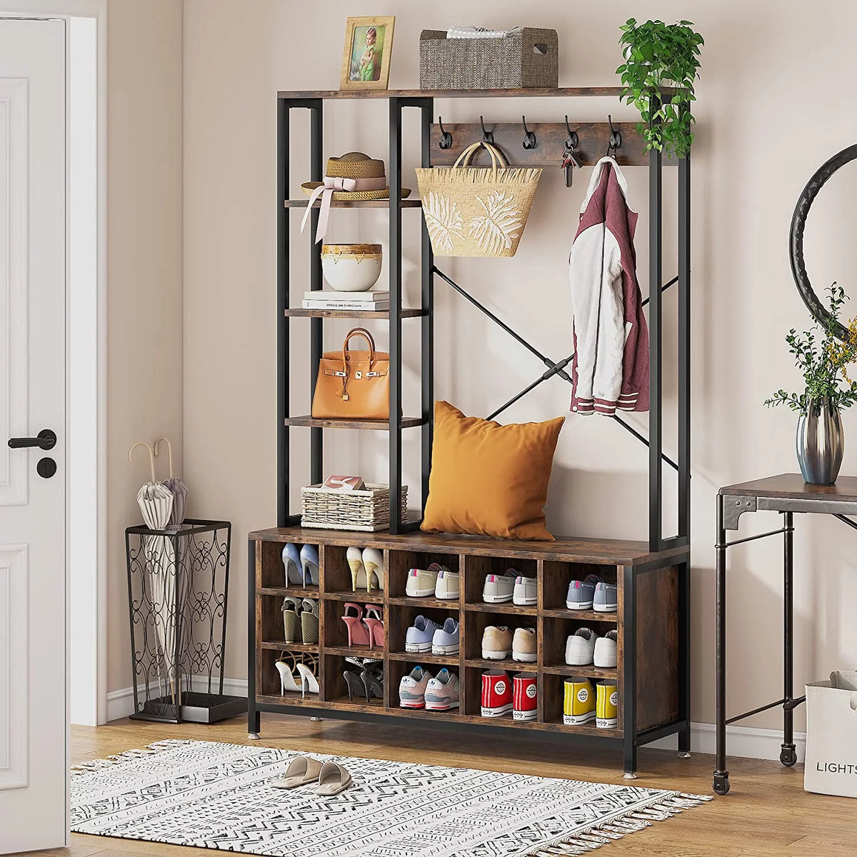 Industrial Hall Tree with Bench and Shoe Storage and Coat Rack L410