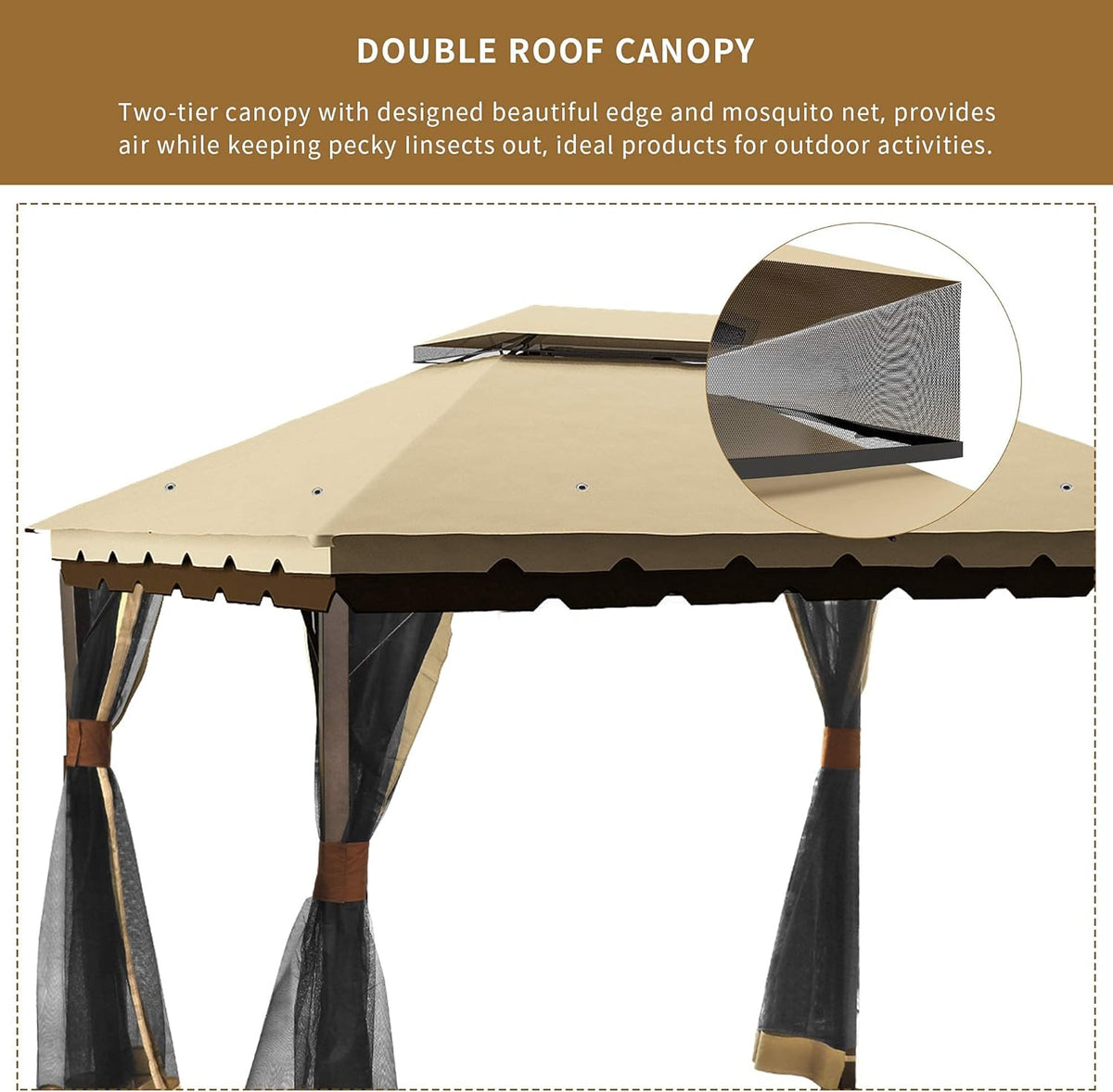 10x13 ft Khaki Steel Gazebo with Mosquito Netting A5665